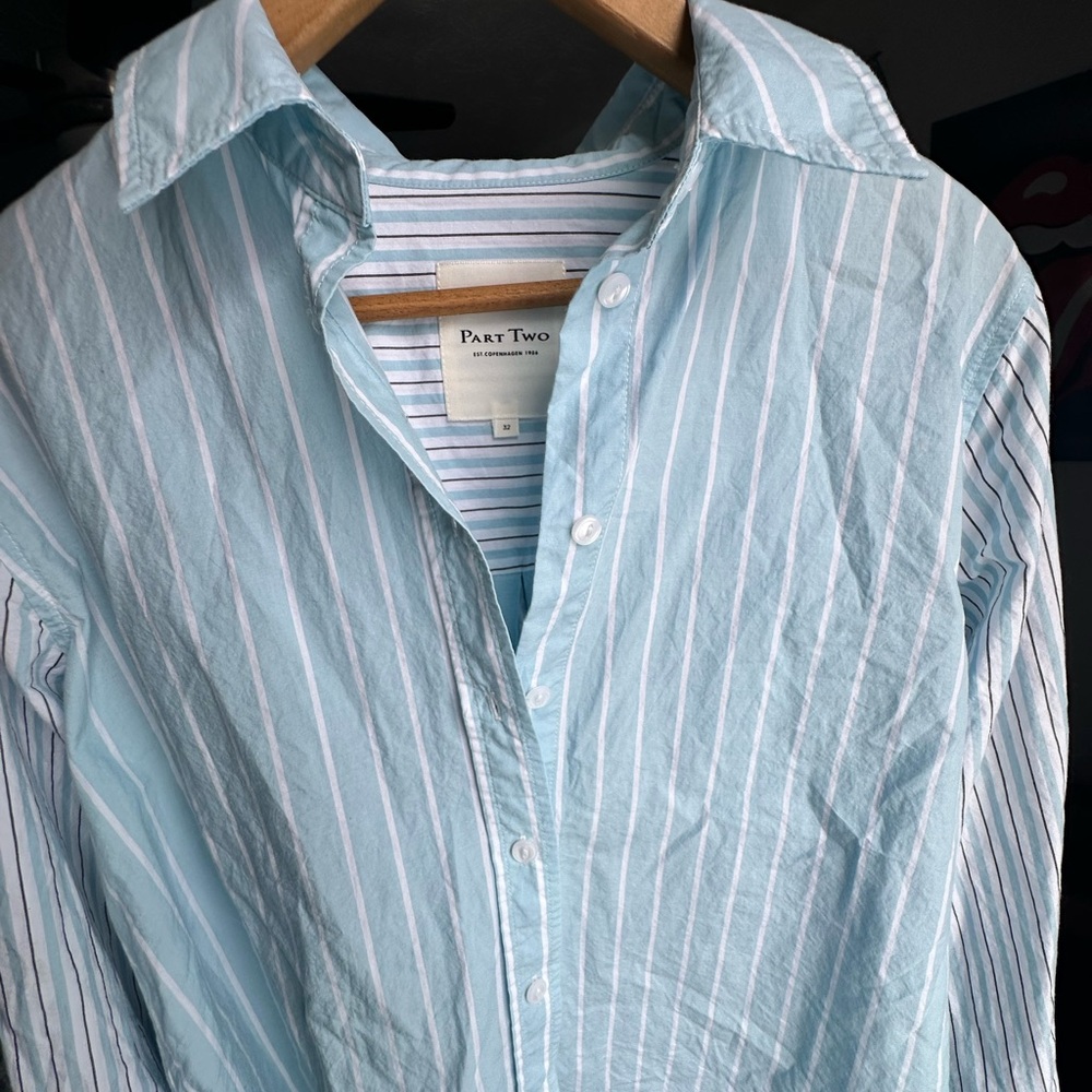 Part Two Women's Light Blue Striped Button Down Shirt - Picture 2 of 8